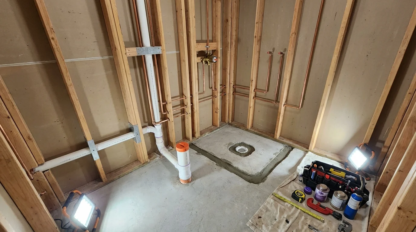 Bathroom rough-in plumbing during remodel by Johns Plumbing LLC in Los Gatos