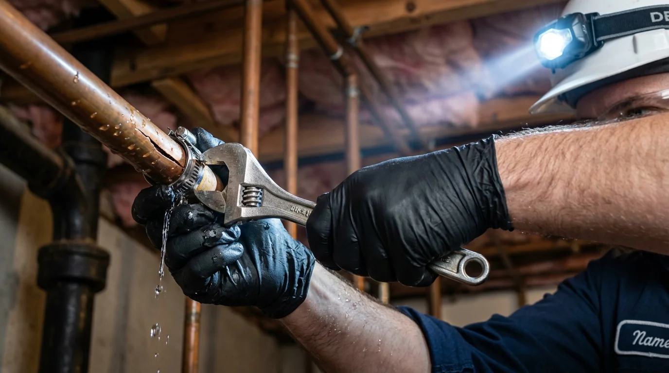 Emergency pipe clamp repair being performed by a Johns Plumbing LLC plumber in Los Gatos