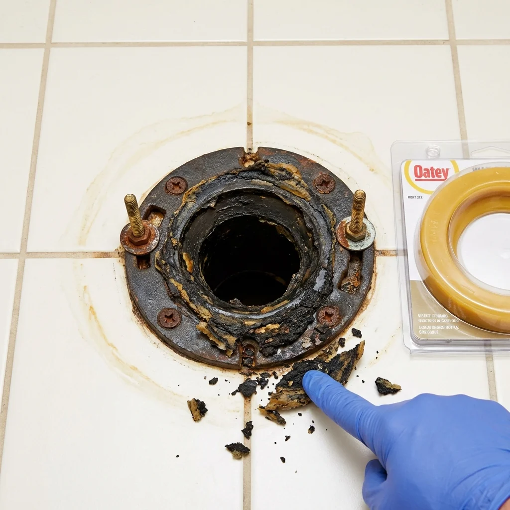 Failed wax ring showing water seepage at the base of a toilet in a Los Gatos, CA home