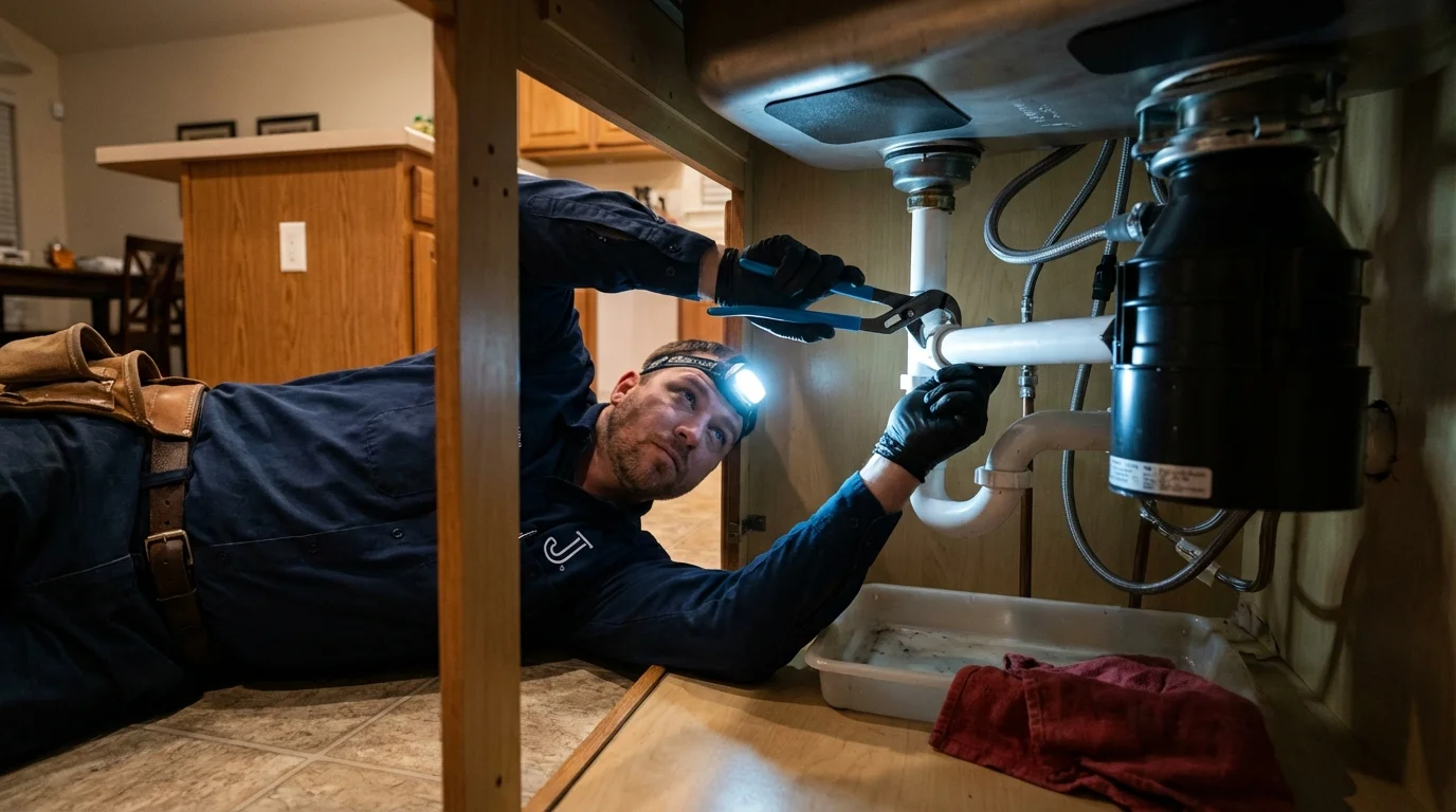 P-trap and supply line connections under a kitchen sink showing a common leak point in Los Gatos, CA